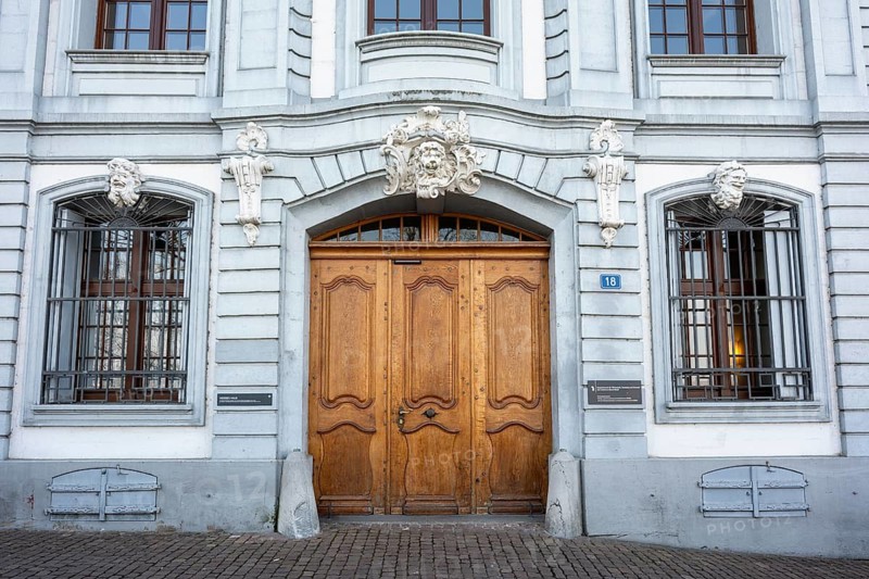 Portal with artfully carved wooden door at Reichensteinerhof, Altstadt, Basel, Canton of Basel-Stadt, Switzerland
