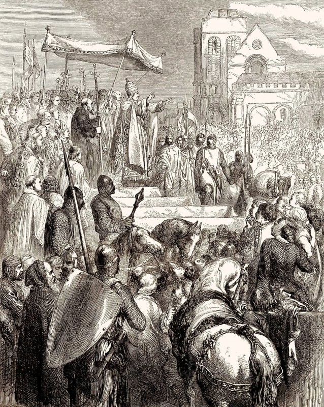 Papst Urban II., ca. 1035-1099, predigt den Ersten Kreuzzug auf dem Marktplatz während des Konzils von Clermont, Frankreich, 1095