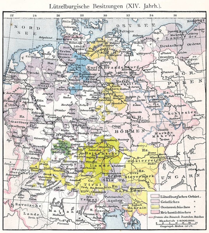 Historical map of the Holy Roman Empire under Charles IV, territory of the House of Luxembourg, 14th century