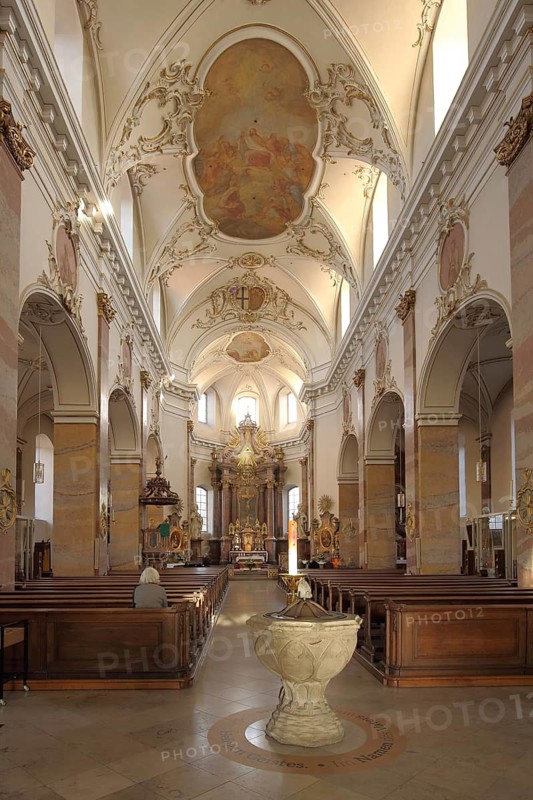 Interior view with ceiling painting and baptismal font, baroque, St. Blasius, Fulda, Hesse, Germany
