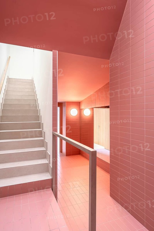 Modern building's stairway featuring vibrant pink walls and sleek, sustainable design. Notice the efficient use of space and Passive House elements incorporated into the architecture, emphasizing energy efficiency and low-emission living