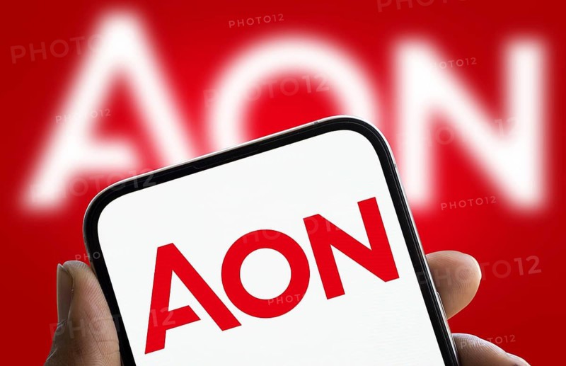 Aon logo is displayed on smartphone.
