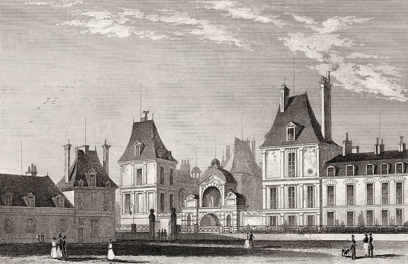 Courtyard, Château de Fontainebleau, near Paris, antique steel engraved print, 1831