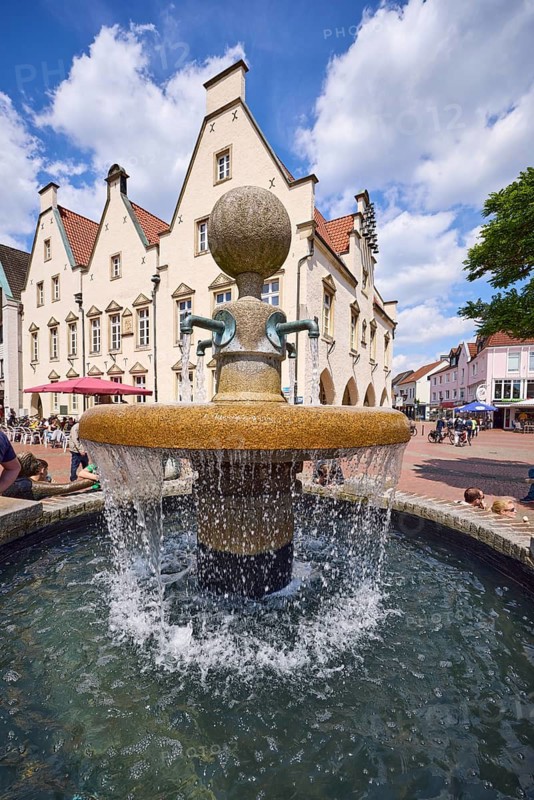 Market fountain with the old town hall in Haltern am See, Ruhr area, Recklinghausen district, North Rhine-Westphalia, Germany
