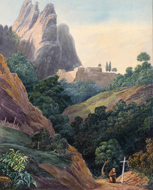 Hermitage of St Trinidad near Montserrat, Catalonia, Spain, digital reproduction of a painting by Charles Hamilton Smith (1776-1859), historical