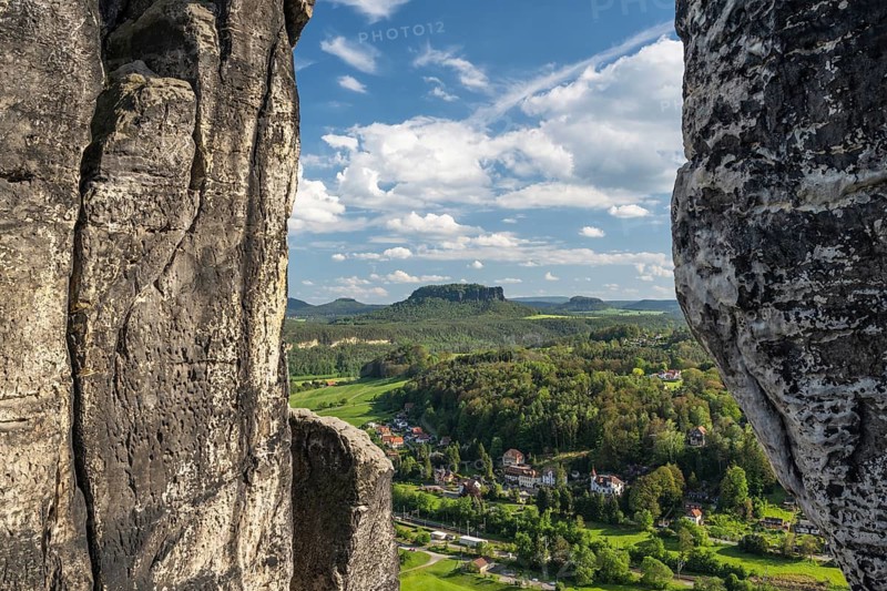 View from Bastei to Lilienstein in the background, Saxon Switzerland, Saxony, Germany, May 2024