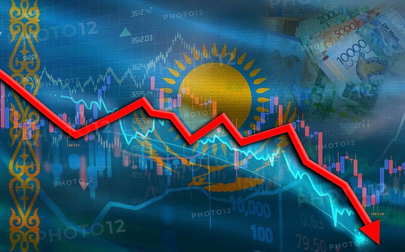 Kazakhstan financial fall on economy market. Kazakhstani financial crisis on economic graph
