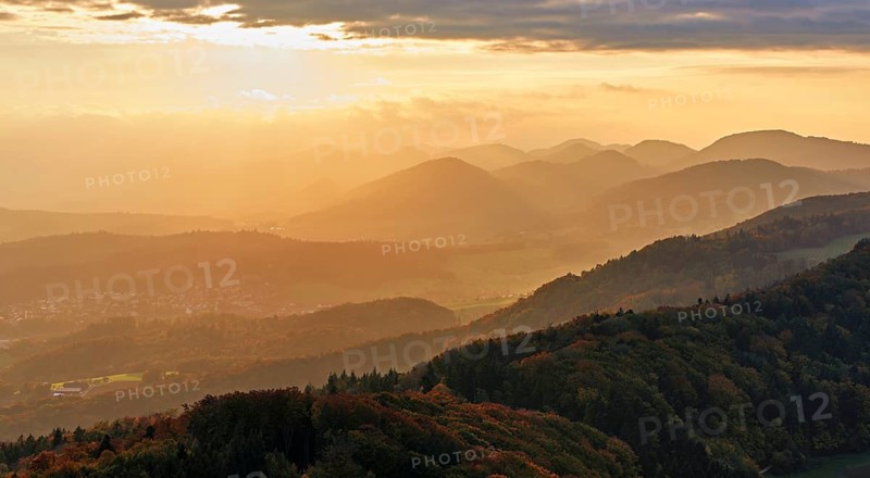 View of an autumnal forest from the Gisliflue, behind the Jurassic foothills in the light of the setting sun, Talheim, Canton, Aargau, Switzerland