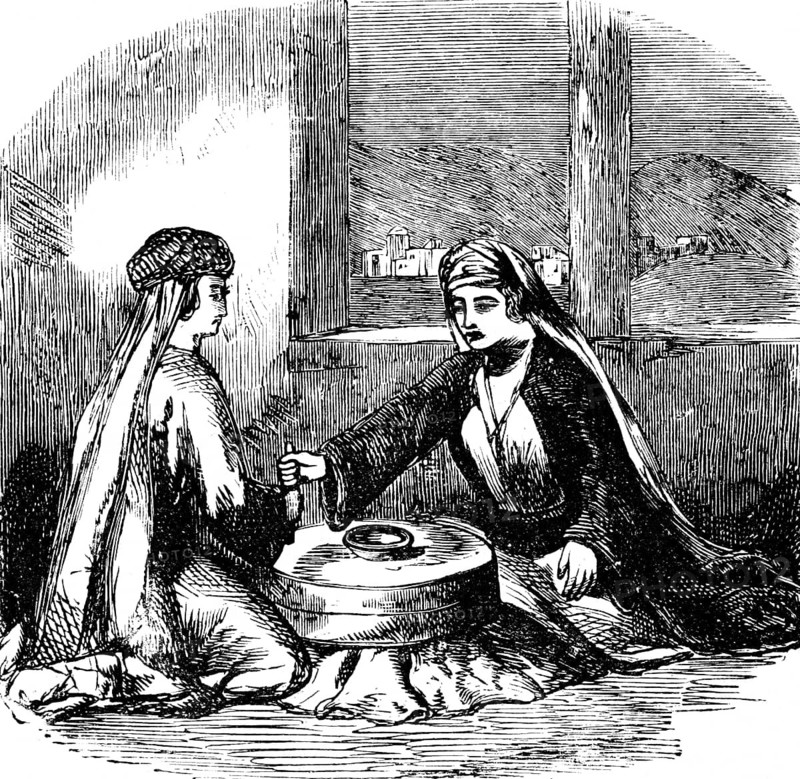 Two will grind together, Luke Gospel, chapter 17, verse 35, New Testament, millstone, handwork, stone mill, two woman, veil, room, Bible, historical illustration 1850