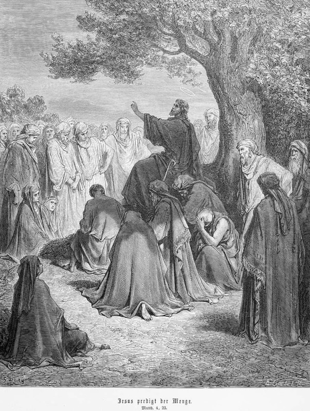 Jesus travels through Galilee preaching to the crowd, Matthew, chapter 4, verse 23, crowd, listener, standing, kneeling, talking, tree, shadow, sitting, Christian religion, Bible, New Testament, steel engraving Doré, historical illustration 1885