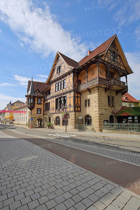 Half-timbered house with bay window and ornaments Henneberger House built in 1895, Meiningen, Thuringia, Germany