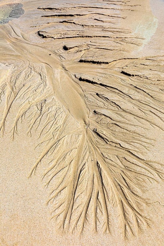 Seawater run-off leaves traces in the sand on Fazayat beach in Al Hauta, Dhofar province, Arabian Peninsula, Sultanate of Oman