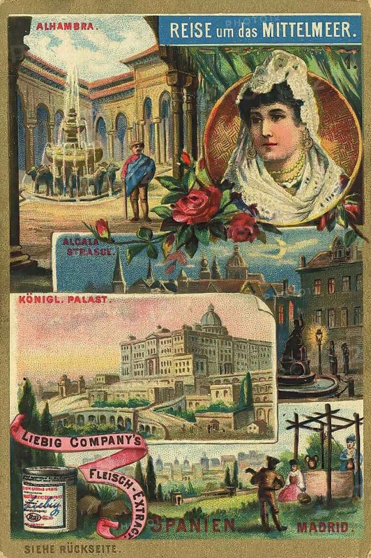 Picture series Journey around the Mediterranean, Spain, Liebig picture, digitally restored reproduction of a collector's picture from around 1900, public domain, exact date unknown, Spanish sights with Alhambra, Royal Palace and Old Town at night, with woman in traditional dress