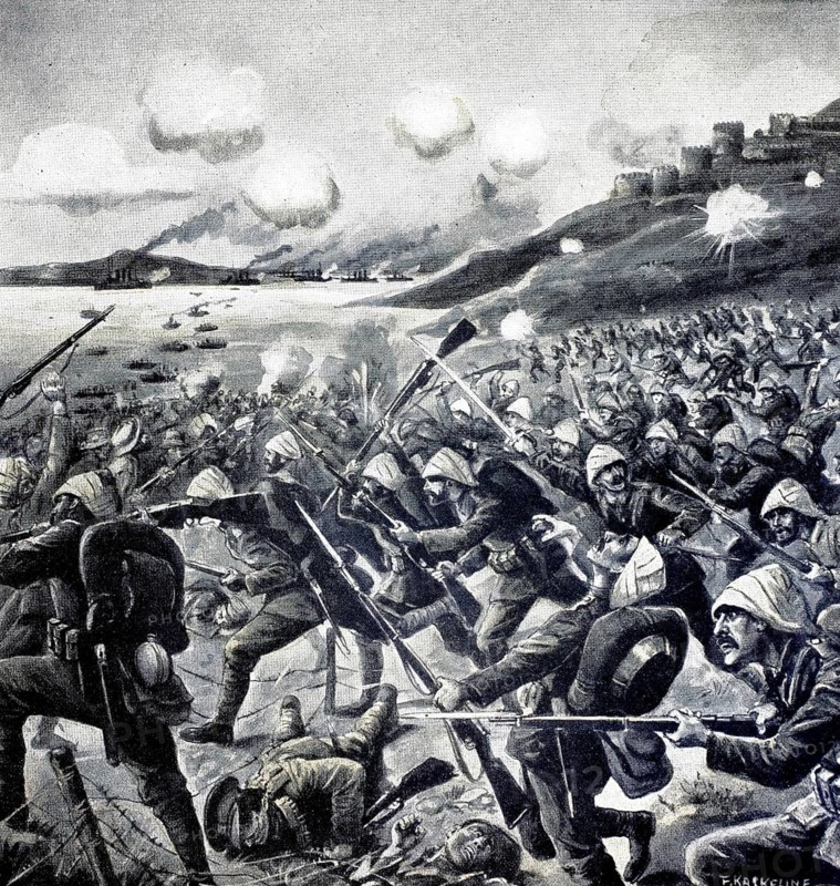 1st World War, Attack of the Turks on the English landing troops at Sedd ul Bah (original text from 1915, original colouring), illustration, reproduction from an original from the 19th century. Authentic, file restored for optimal use, exact date of original unknown, Historical, Soldiers fighting in a coastal area with explosions in the background