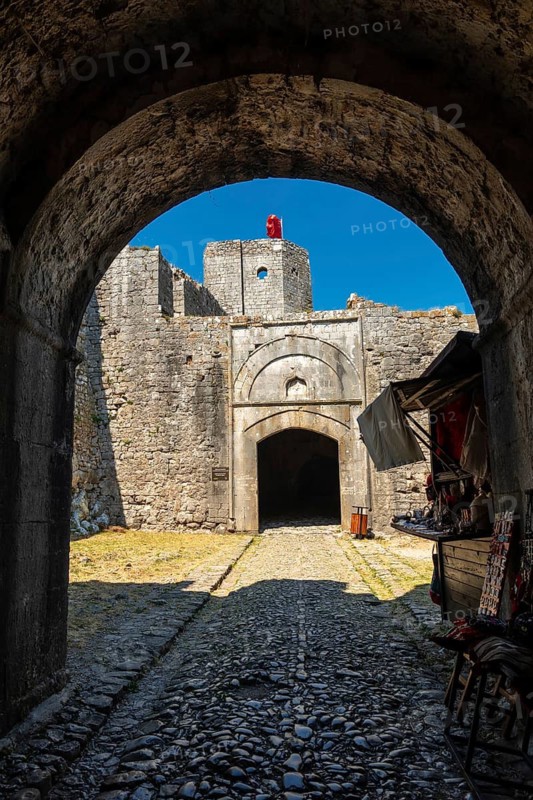 Entrance gate in the walls of Rozafa Castle and its citadel in the lakeside town Shkoder. Albania