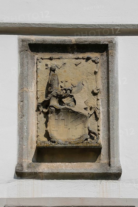 Coat of arms at Werdenberg Castle, stone relief, Werdenberg Castle, Renaissance castle of the Counts of Werdenberg, today Werdenberg School, historical building, architecture, Trochtelfingen, Baden-Württemberg, Germany