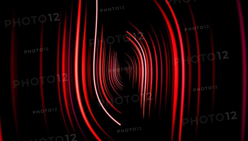 A mesmerizing 3D rendering depicting a dark tunnel formed by swirling red and pink neon lines, creating an abstract background that draws the viewer into its depths