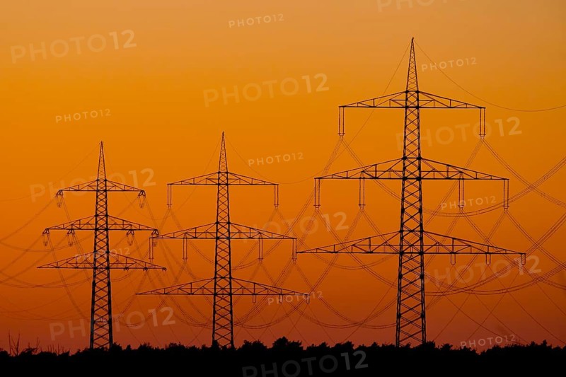 Power line, overhead line, power line, silhouette, sunset, Federal Republic of Germany