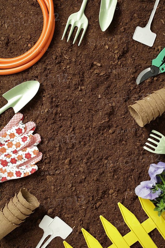 Top down view of garden tools, gloves, and seedlings arranged around rich soil. Perfect for illustrating a gardening theme with tools and earthy textures