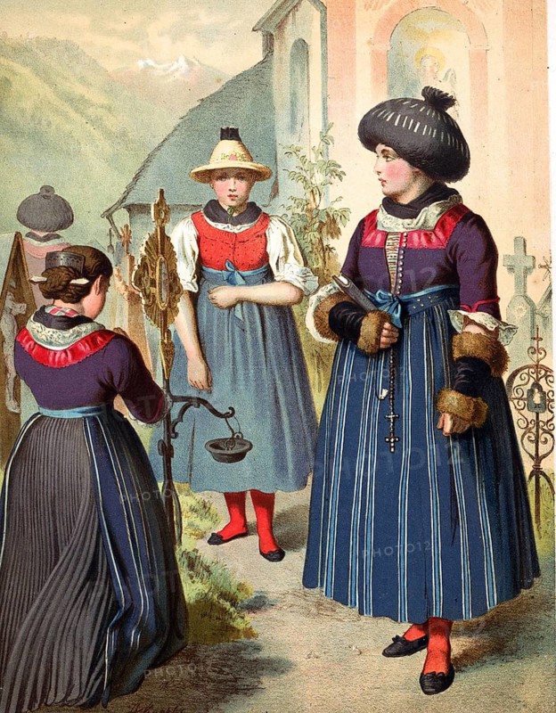 Traditional costumes in Germany around 1820, Tyrol, Passeier Valley, Three woman in traditional costumes in front of a church in a rural setting, digitally retouched reproduction of a model from around 1850, by Albert Kretschmer (27 February 1825, 11 July 1891), German painter and traditional costume expert