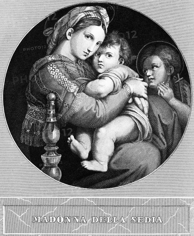 Portrait of Madonna della Sedia after Raphael, Madonna and Child, religious art, historical illustration 1854