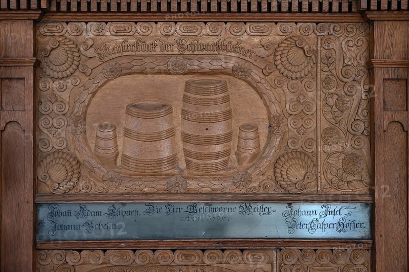 Detail of the craftsman's chair or alms chair of the Büttner Zunft from 1680, Lorenz Church, Nuremberg, Middle Franconia, Bavaria, Germany