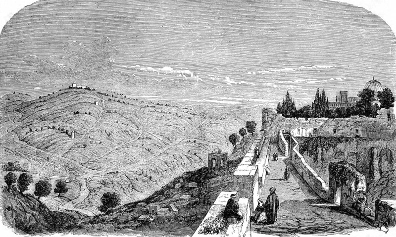 The Mount of Olives, chapter 24, verse 3, Matthew Gospel, destruction of Jerusalem, Jesus' disciples, speaking, city wall, people, mountain, temple, New Testament, Bible, historical illustration 1850