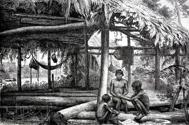 Hut of the Guarauno Indians in the Orinoco Delta, 1880, Venezuela, illustration, reproduction from a model from the 19th century. Authentic, file restored for optimal use, exact date of submission unknown, Historic, Three natives sit in front of a simple hut in the tropics