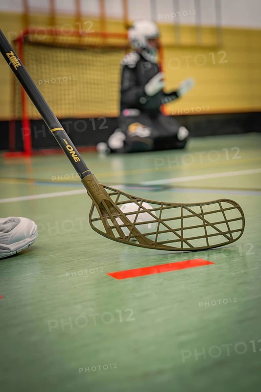 Floorball perspective focusing on the stick, blurred goalkeeper in the background, foolball, Calw, Germany
