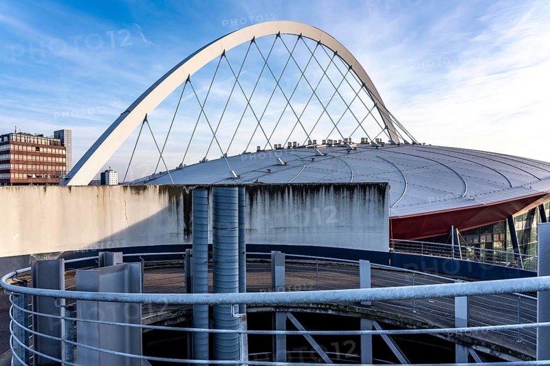 Roof with arched support structure of the Lanxess Arena, Cologne Arena, multifunctional hall, concert hall in Cologne-Deutz, with up to 20, 000 seats, it is the largest event hall in Germany, North Rhine-Westphalia, Germany
