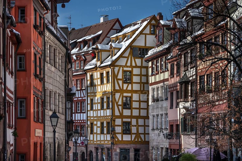 Historic half-timbered houses in Weißgerbergasse in winter, Nuremberg, Middle Franconia, Bavaria, Germany