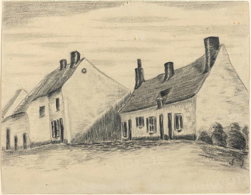 The Zandmennik House (c. 1879-1880), The Zandmennik House (c. 1879-1880), painting by Vincent Willem van Gogh (born 30 March 1853 in Groot-Zundert, died 29 July 1890 in Auvers-sur-Oise), Dutch painter and draughtsman, one of the founders of modern painting, illustration, reproduction of a painting. Authentic, exact date of the original unknown, Historical, Sketch of village houses with chimneys, in a minimalist black and white style