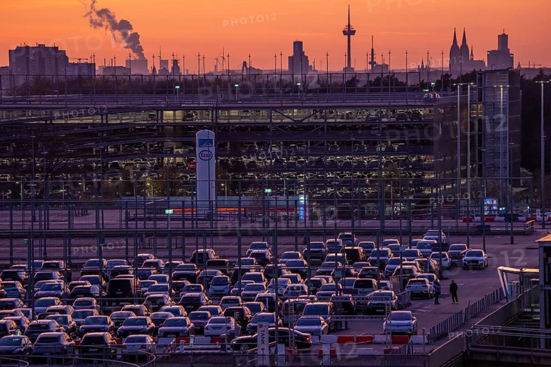 Cologne-Bonn Airport car parks, Cologne city center skyline, Cathedral, North Rhine-Westphalia, Germany