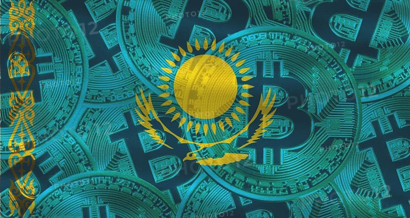 Bitcoin coins on Kazakhstan flag background. Golden bitcoin coins on Kazakhstan flag background