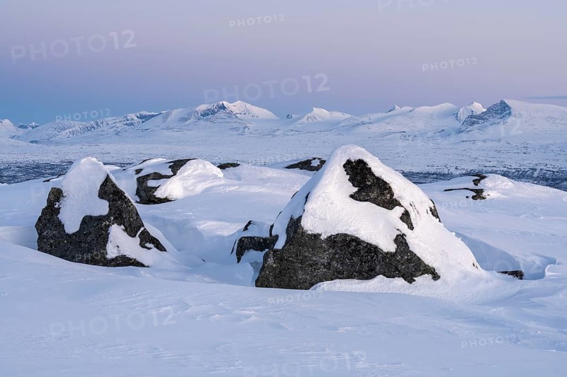 View of peaks in Sarek National Park, Laponia World Heritage Site, Norrbotten, Lapland, Sweden, April 2021
