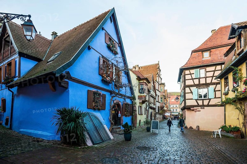 Christmassy decorated half-timbered houses, Christmas market, Riquewihr, Grand Est, Haut-Rhin, Alsace, France