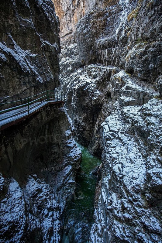 Winter, snowy landscape, river Breitach and hiking trail through the Breitachklamm gorge near Oberstdorf, Oberallgäu, Allgäu, Bavaria, Germany