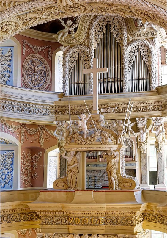 Chancel with the two-storey organ, baroque church, baroque castle church of St Trinitatis at Christiansburg Castle, interior view, Eisenberg, Saale-Holzland district, Thuringia, Germany