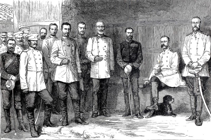 Picture shows Tsar Alexander II of Russia together with his staff during the Russian-Turkish War in Gorny Studen in 1877, the people depicted are high-ranking military men, including Prince Suvorov, who accompanied the Tsar during this campaign, illustration, reproduction from a model from the 19th century. Authentic, file restored for optimal use, exact date of submission unknown, historical