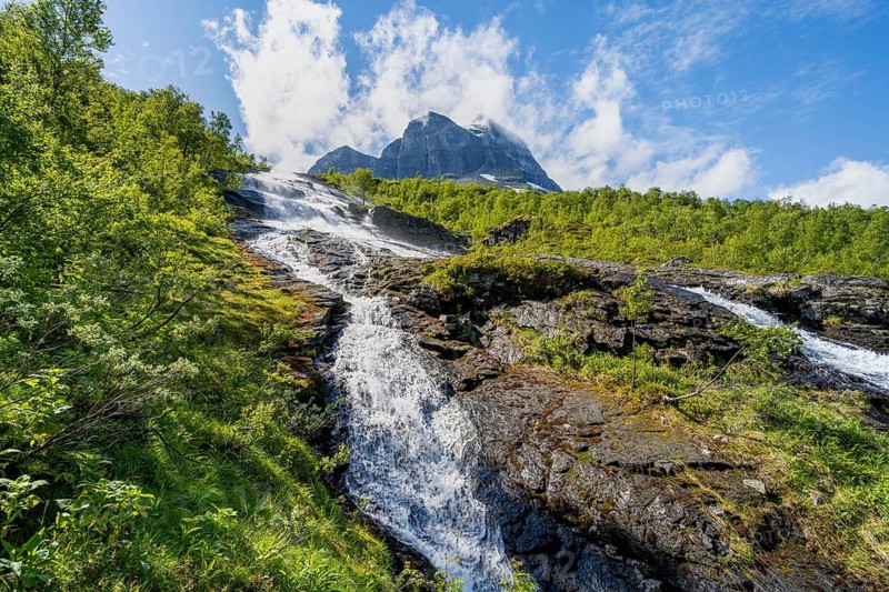 Waterfall on the river Flou between Birkenwald, Innerdalen, Hochtal, Sunndal, Møre og Romsdal, Vestlandet, Norway