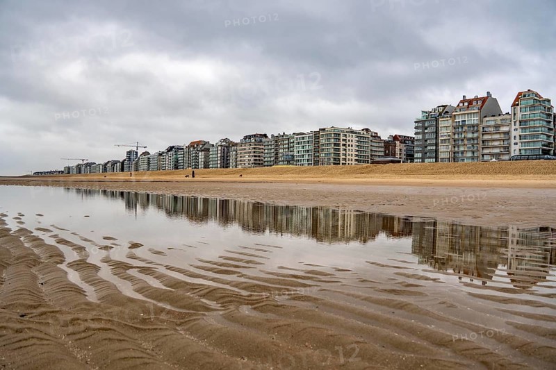 The skyline of Knokke-Heist, on the North Sea beach, dreary winter day, mostly apartment buildings with rental or condominiums, high-rise buildings on the Zeedijk-Knokke road, Belgium