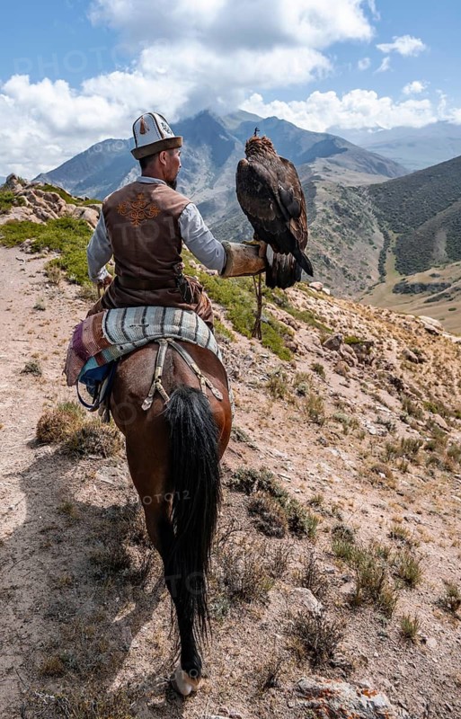Traditional Kyrgyz eagle hunter in the mountains hunting on horseback, near Kysyl-Suu, Issyk Kul, Kyrgyzstan