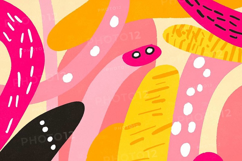 A playful, abstract illustration featuring a variety of shapes and colors, with whimsical details for vibrant backgrounds