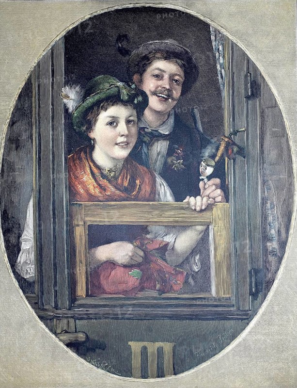 Young man and young woman look happily out of a railroad window, after a painting by Friedrich Prölß, illustration, reproduction from a model from the 19th century. Authentic, file restored for optimal use, exact date of submission unknown, Historic, a couple in traditional dresses looking out of a window with a smile