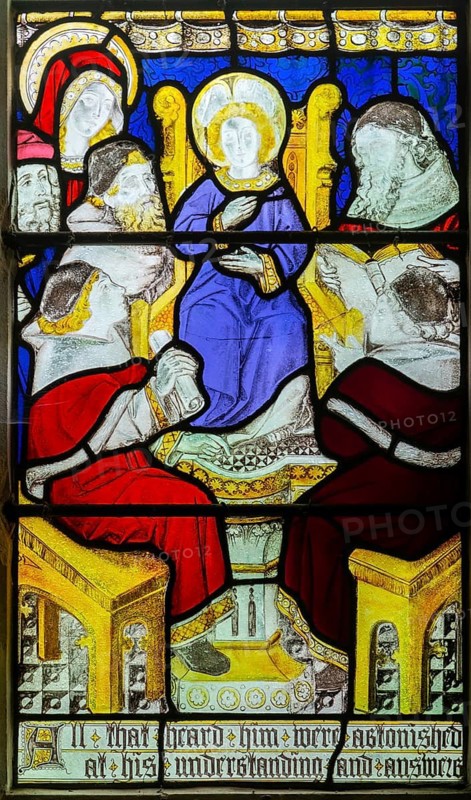 Detail stained glass window of Christ's life, Burlison & Grylls c 1880, Kelsale church, Suffolk, England, UK, Child Jesus in the Temple