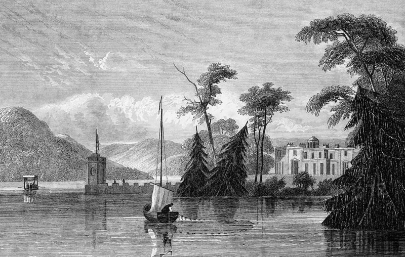 Storm on Lake Windermere in the Lake District, lake, Cumbria, England, storm, cargo sailor, ship, mountainous landscape, trees, palace, square tower, building, architecture, history, steel engraving, historical illustration 1835