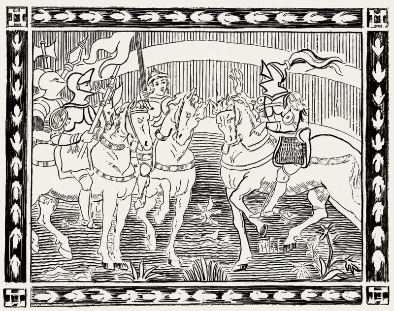 A knight on horseback, illustration from „La Giostra di Giuliano de Medici“ by Angelo Poliziano, ca. 1495–1500