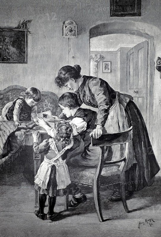 Collector's delights, a boy has caught a butterfly and three children and the mother look at it in the living room, 1896, authentic, digitally restored reproduction from a 19th century model, exact date of depiction unknown, historical, A family gathers around a table while the mother helps the children learn