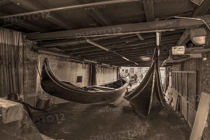 Gondolas for repair in a shipyard, Venice, Veneto, Italy