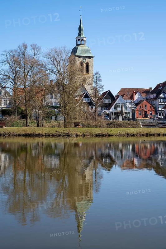 Town view with St.Aegidius church at the Emssee, Wiedenbrück, Rheda-Wiedenbrück, Westphalia, North Rhine-Westphalia, Germany
